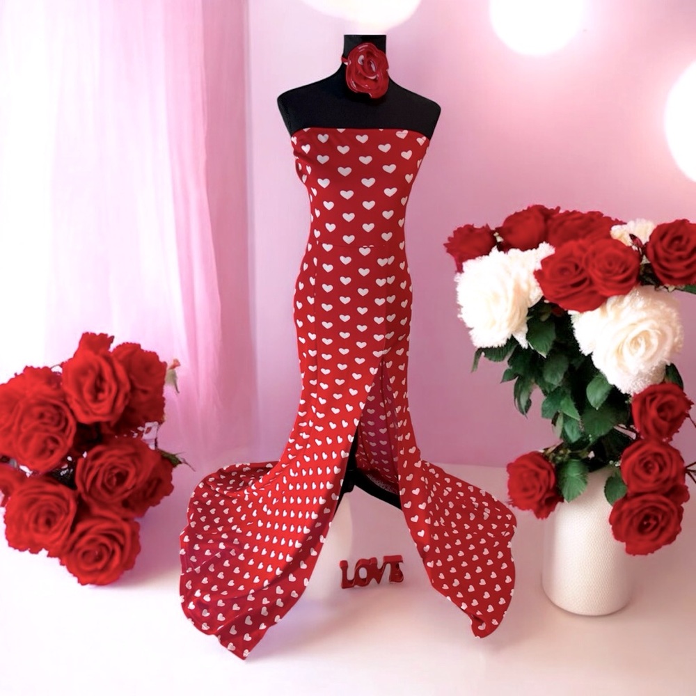 Red and White Hearts Maxi Dress w/Flower Choker-Size Medium